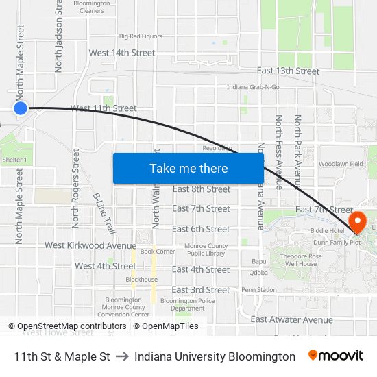 11th St & Maple St to Indiana University Bloomington map