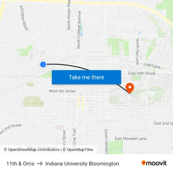 11th & Orris to Indiana University Bloomington map