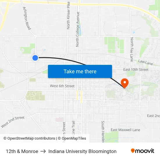 12th & Monroe to Indiana University Bloomington map