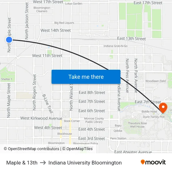 Maple & 13th to Indiana University Bloomington map