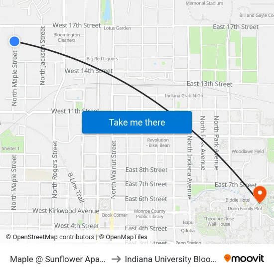 Maple @ Sunflower Apartments to Indiana University Bloomington map