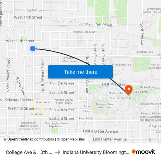 College Ave & 10th St to Indiana University Bloomington map