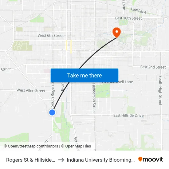 Rogers St & Hillside Dr to Indiana University Bloomington map