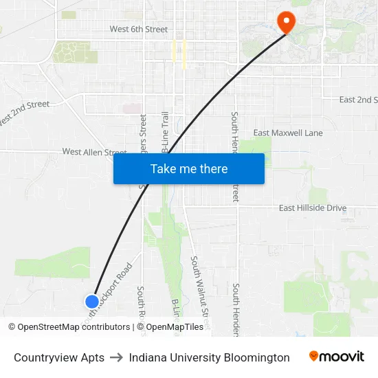 Countryview Apts to Indiana University Bloomington map