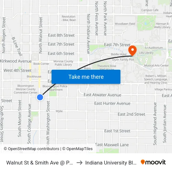 Walnut St & Smith Ave @ Project School to Indiana University Bloomington map