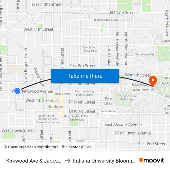 Kirkwood Ave & Jackson St to Indiana University Bloomington map