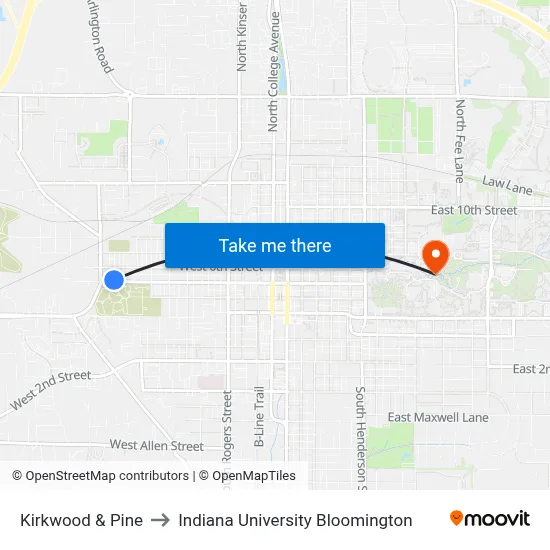 Kirkwood & Pine to Indiana University Bloomington map