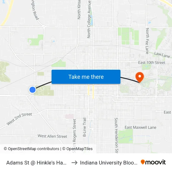 Adams St @ Hinkle's Hamburgers to Indiana University Bloomington map