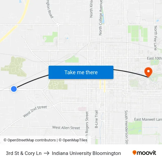 3rd St & Cory Ln to Indiana University Bloomington map