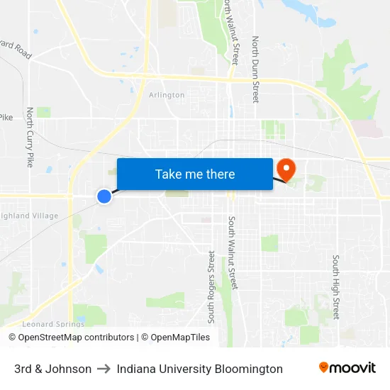 3rd & Johnson to Indiana University Bloomington map