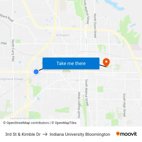 3rd St & Kimble Dr to Indiana University Bloomington map
