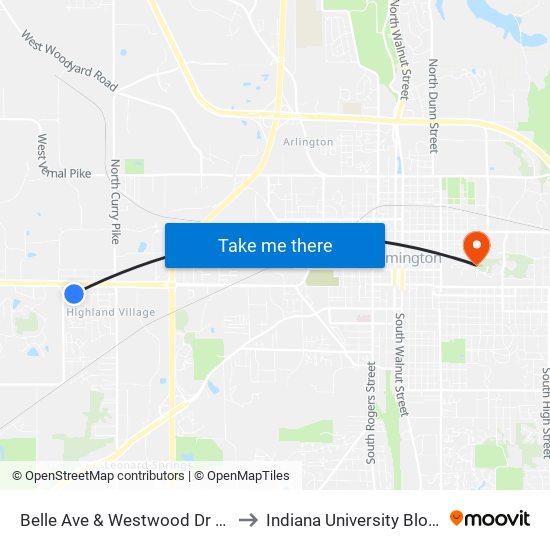 Belle Ave & Westwood Dr (Outbound) to Indiana University Bloomington map