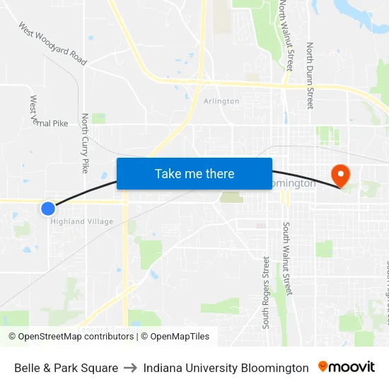Belle & Park Square to Indiana University Bloomington map