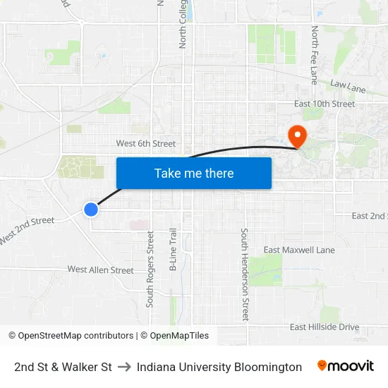 2nd St & Walker St to Indiana University Bloomington map