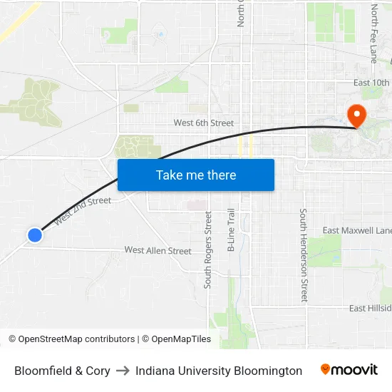 Bloomfield & Cory to Indiana University Bloomington map