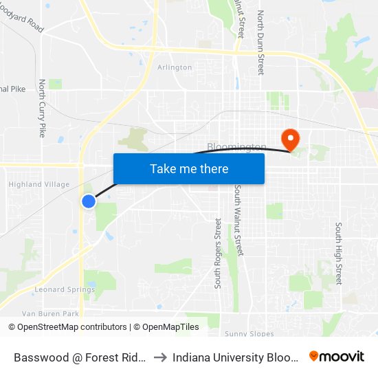 Basswood @ Forest Ridge Apts to Indiana University Bloomington map