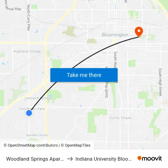 Woodland Springs Apartments to Indiana University Bloomington map