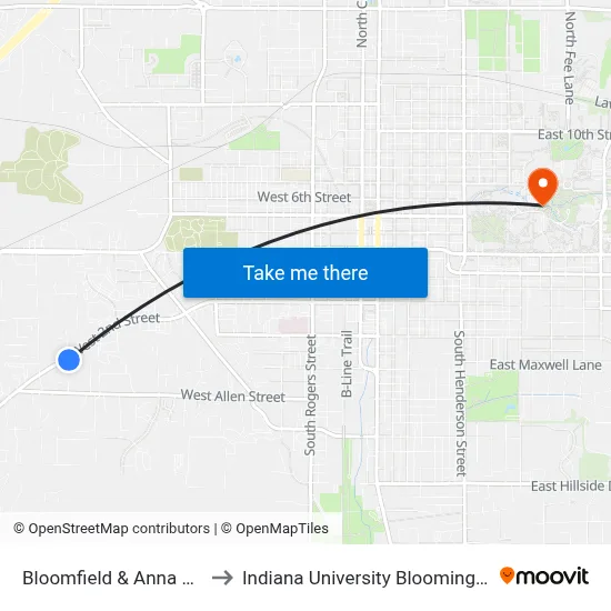 Bloomfield & Anna Lee to Indiana University Bloomington map