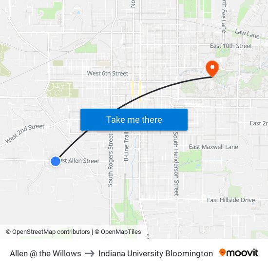 Allen @ the Willows to Indiana University Bloomington map