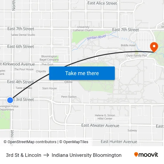 3rd St & Lincoln to Indiana University Bloomington map
