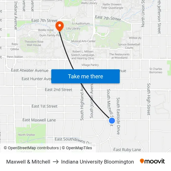 Maxwell & Mitchell to Indiana University Bloomington map