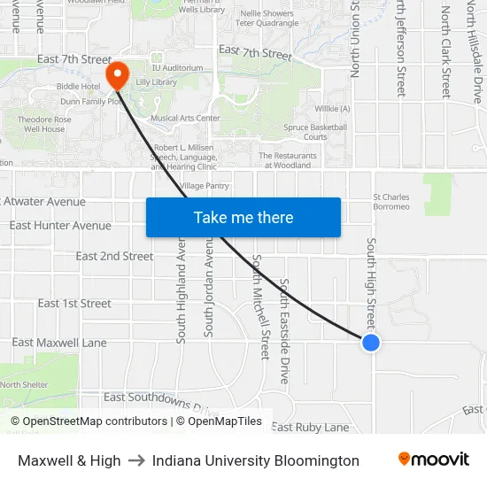 Maxwell & High to Indiana University Bloomington map