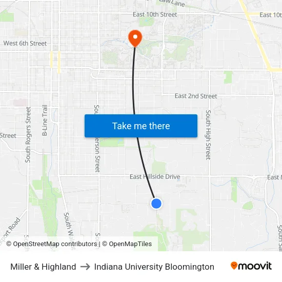 Miller & Highland to Indiana University Bloomington map