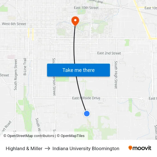 Highland & Miller to Indiana University Bloomington map