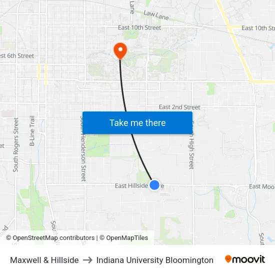 Maxwell & Hillside to Indiana University Bloomington map