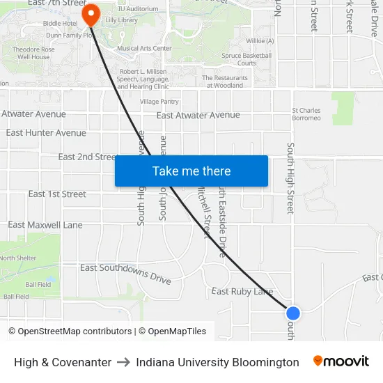 High & Covenanter to Indiana University Bloomington map