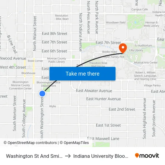 Washington St And Smith Ave to Indiana University Bloomington map