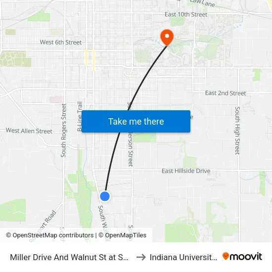 Miller Drive And Walnut St at Sassafras Hill Apartments to Indiana University Bloomington map
