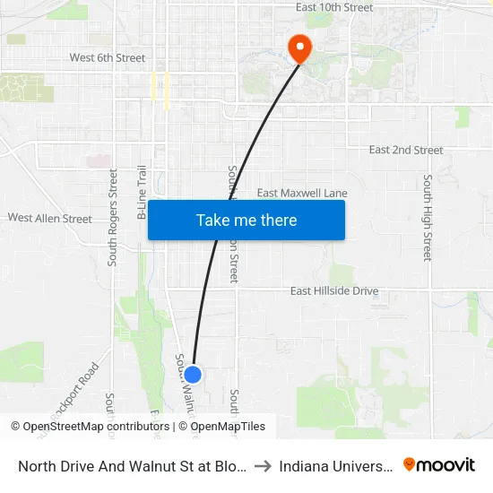 North Drive And Walnut St at Bloomington High School South to Indiana University Bloomington map