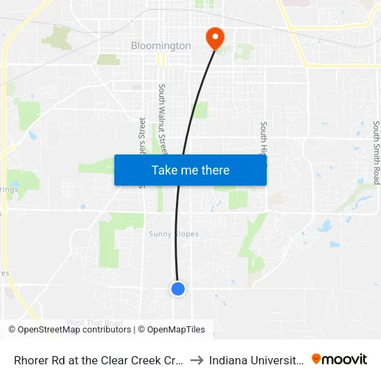 Rhorer Rd at the Clear Creek Crossing Shopping Center to Indiana University Bloomington map