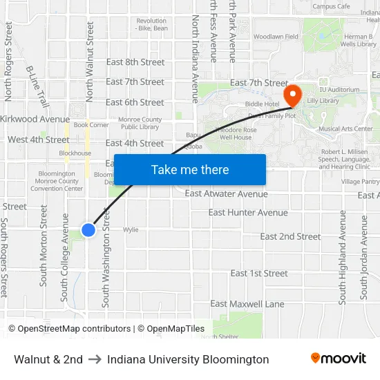 Walnut & 2nd to Indiana University Bloomington map