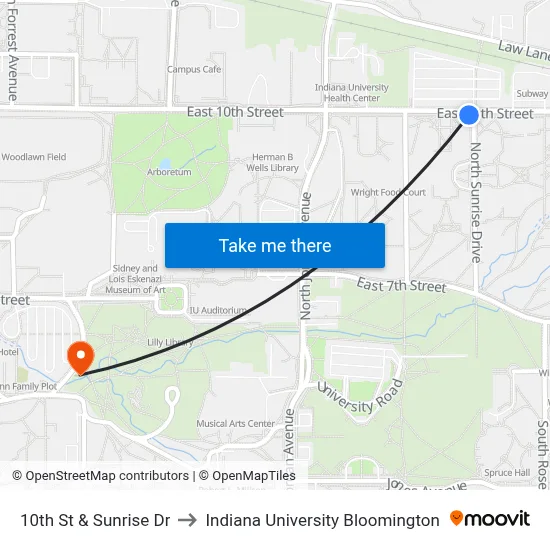 10th St & Sunrise Dr to Indiana University Bloomington map