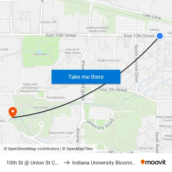 10th St @ Union St Center to Indiana University Bloomington map