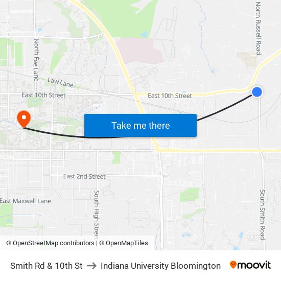 Smith Rd & 10th St to Indiana University Bloomington map