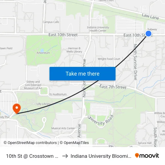 10th St @ Crosstown Plaza to Indiana University Bloomington map