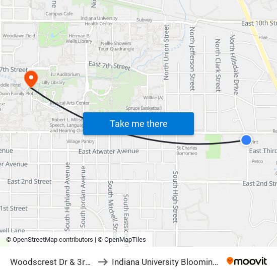 Woodscrest Dr & 3rd St to Indiana University Bloomington map