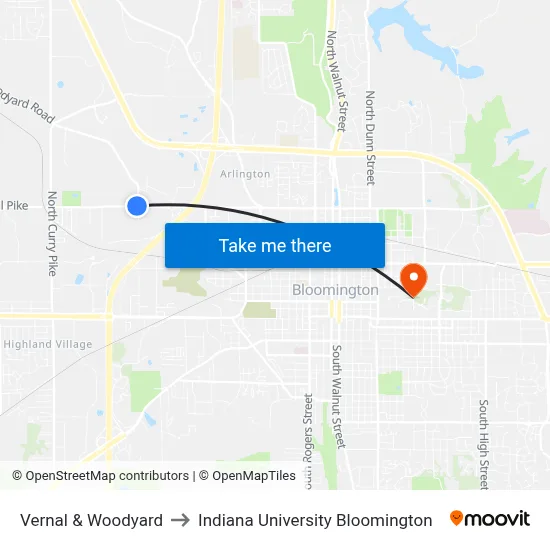 Vernal & Woodyard to Indiana University Bloomington map