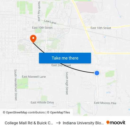 College Mall Rd & Buick Cadillac Blvd to Indiana University Bloomington map
