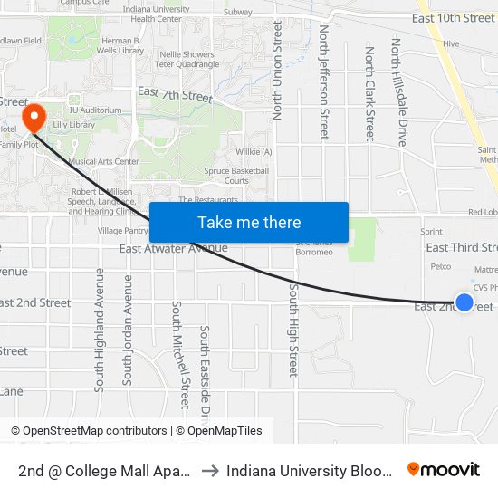 2nd @ College Mall Apartments to Indiana University Bloomington map