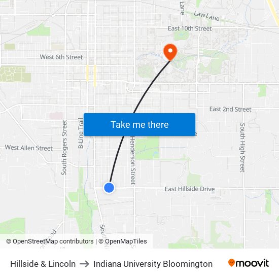 Hillside & Lincoln to Indiana University Bloomington map