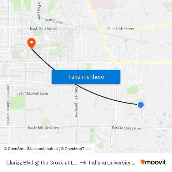 Clarizz Blvd @ the Grove at Latimer (Inbound) to Indiana University Bloomington map