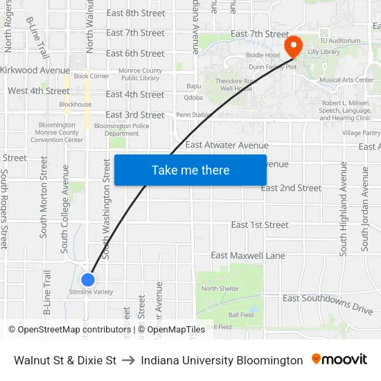 Walnut St & Dixie St to Indiana University Bloomington map