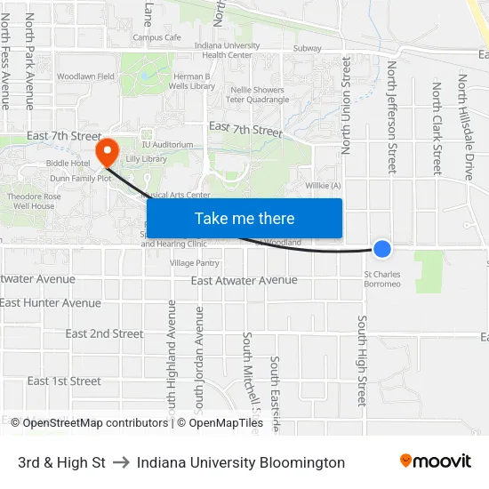 3rd & High St to Indiana University Bloomington map