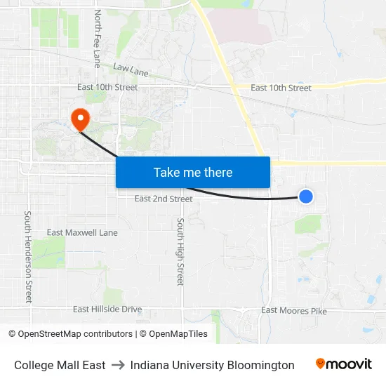 College Mall East to Indiana University Bloomington map