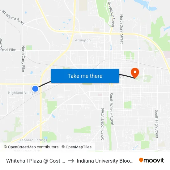 Whitehall Plaza @ Cost Cutters to Indiana University Bloomington map