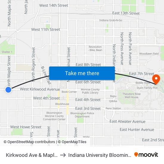 Kirkwood Ave & Maple St to Indiana University Bloomington map